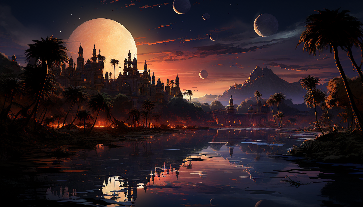 Desert oasis at twilight, with a tranquil pond, palm trees, a caravan of camels, and a star-filled sky above.