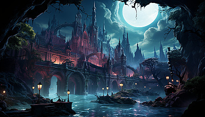 A mystical underwater city with ancient ruins, bioluminescent marine life, merfolk, and sunken treasures glowing in the depths.