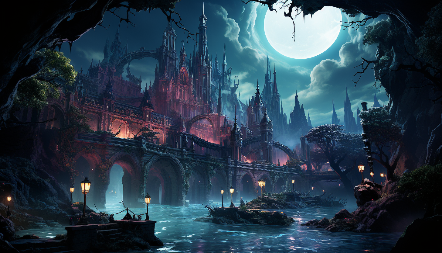 A mystical underwater city with ancient ruins, bioluminescent marine life, merfolk, and sunken treasures glowing in the depths.