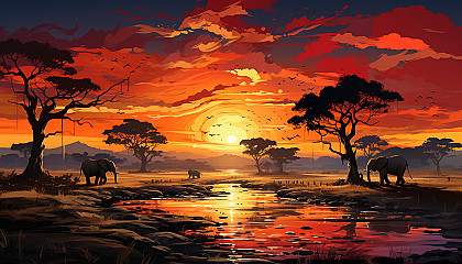 Sunset over an African savannah, with silhouettes of elephants and acacia trees against a fiery sky, and a distant mountain range.