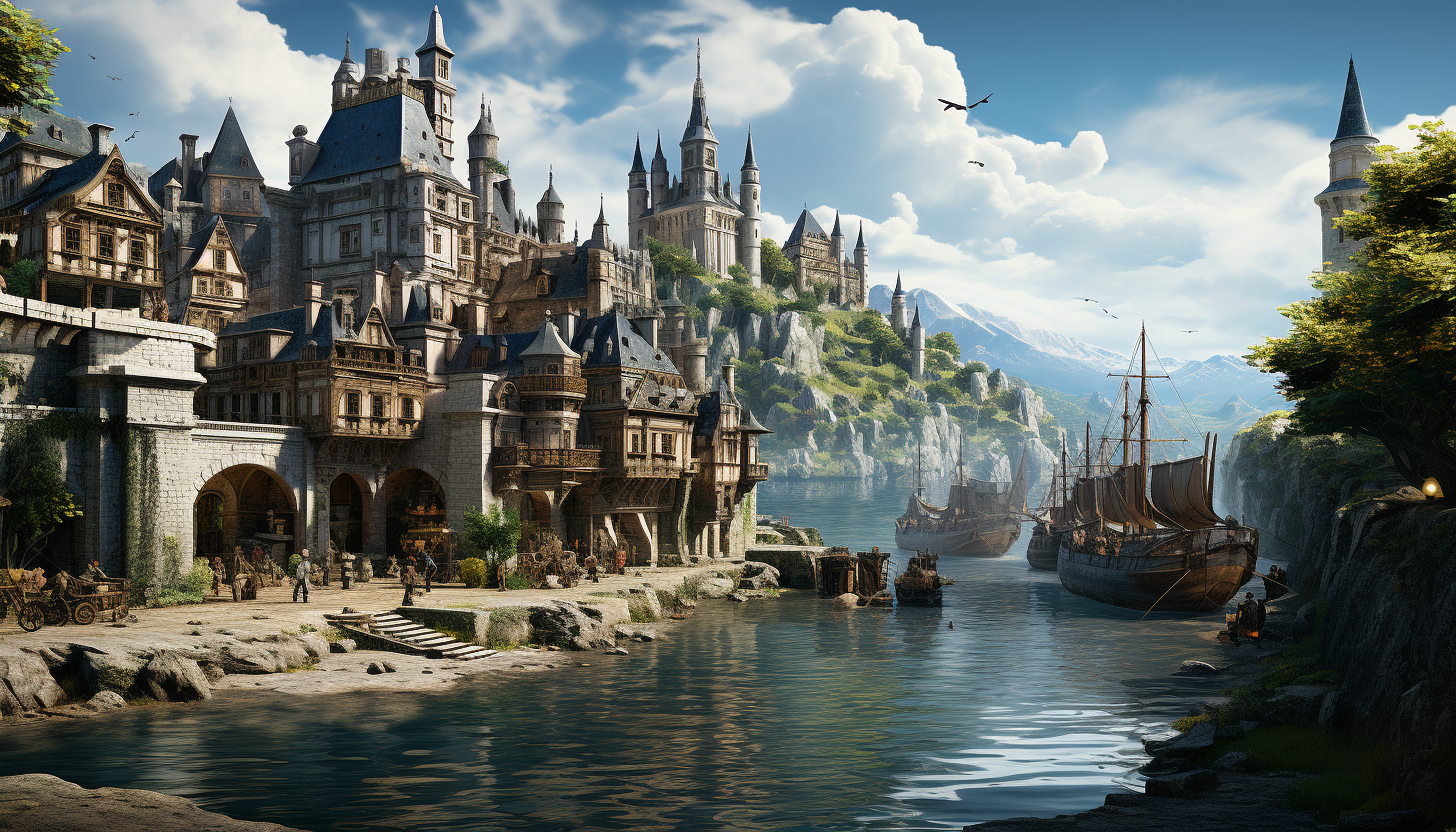 Medieval castle on a misty cliff, with knights on horseback, a bustling courtyard market, and a dramatic coastal view.