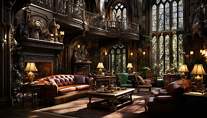 Grand library in a medieval castle, towering bookshelves, ancient tomes, stained glass windows, and a large fireplace.