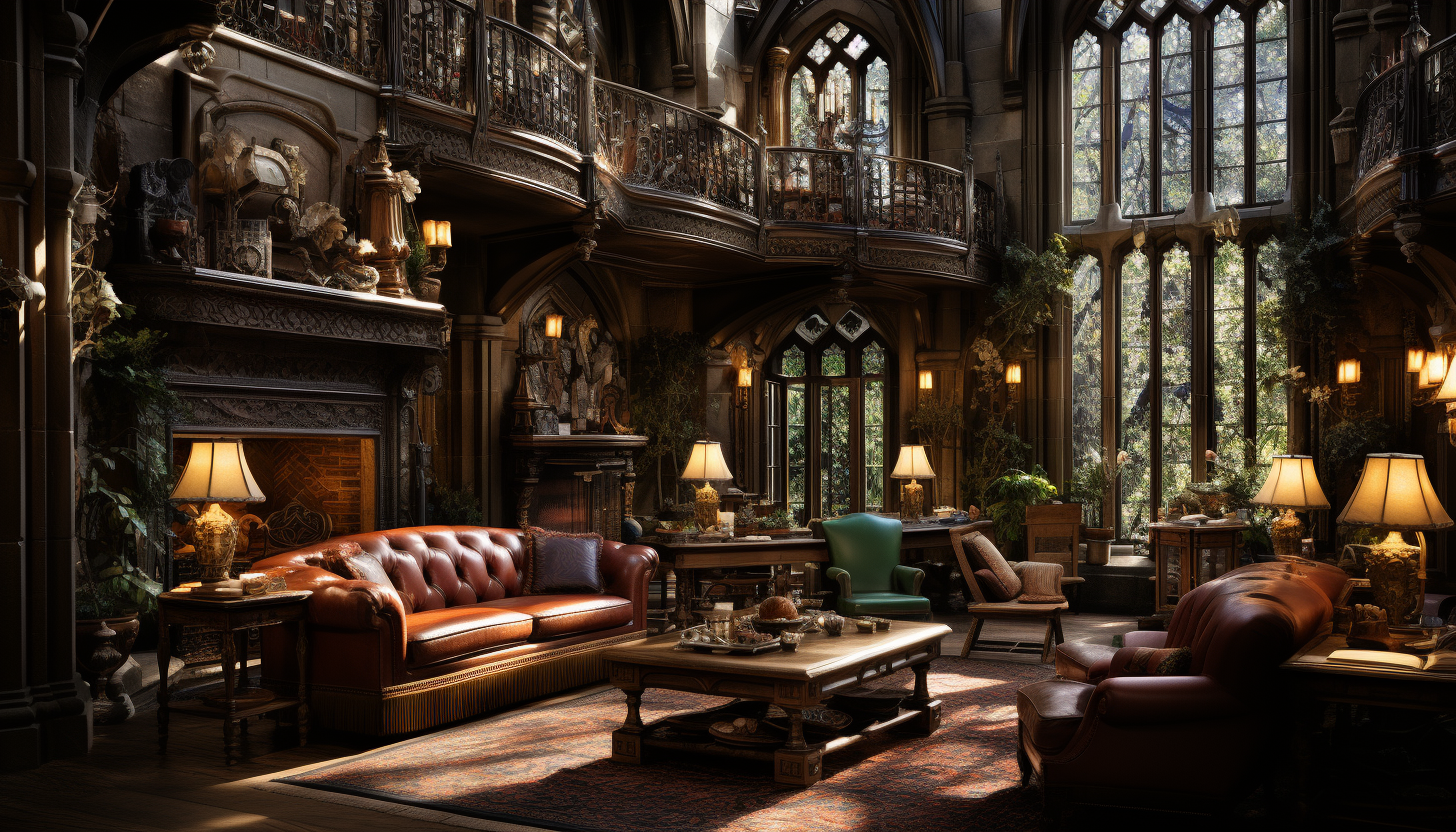 Grand library in a medieval castle, towering bookshelves, ancient tomes, stained glass windows, and a large fireplace.