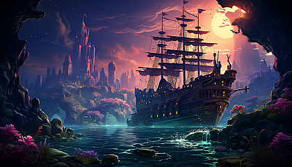 Undersea adventure with a sunken pirate ship, colorful coral gardens, schools of tropical fish, and a treasure chest emitting a mysterious glow.