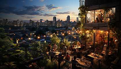 Modern rooftop garden in a bustling city, with skyscrapers, urban farming plots, string lights, and groups of friends enjoying a summer evening.
