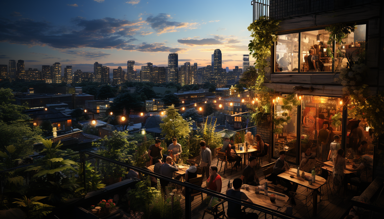 Modern rooftop garden in a bustling city, with skyscrapers, urban farming plots, string lights, and groups of friends enjoying a summer evening.