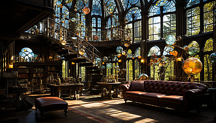 Grand library with towering bookshelves, spiral staircases, antique globes, and a large stained glass window casting colorful light.