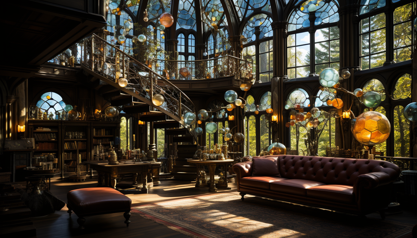 Grand library with towering bookshelves, spiral staircases, antique globes, and a large stained glass window casting colorful light.