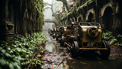 An abandoned amusement park overtaken by nature, rusting rides, overgrown paths, and a hauntingly beautiful atmosphere.