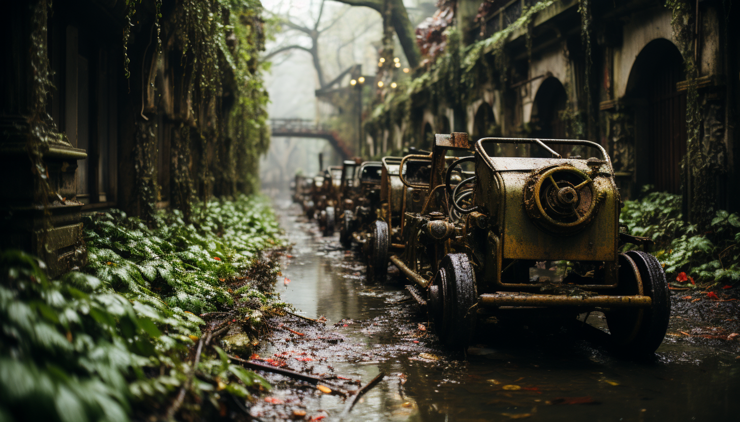 An abandoned amusement park overtaken by nature, rusting rides, overgrown paths, and a hauntingly beautiful atmosphere.