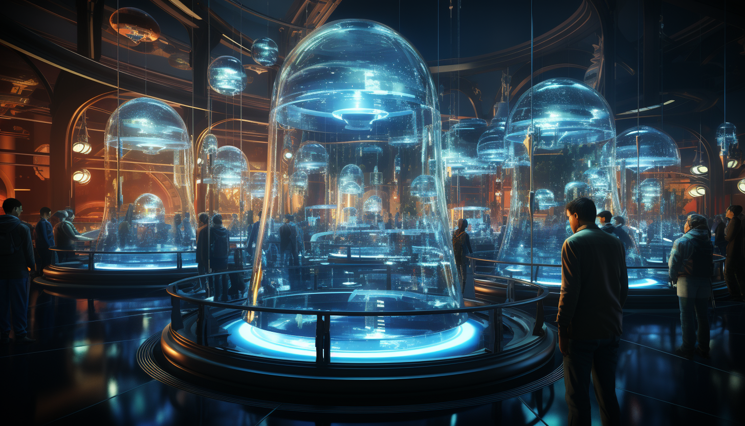 High-tech futuristic lab with holograms, robots working on experiments, and scientists in advanced gear.