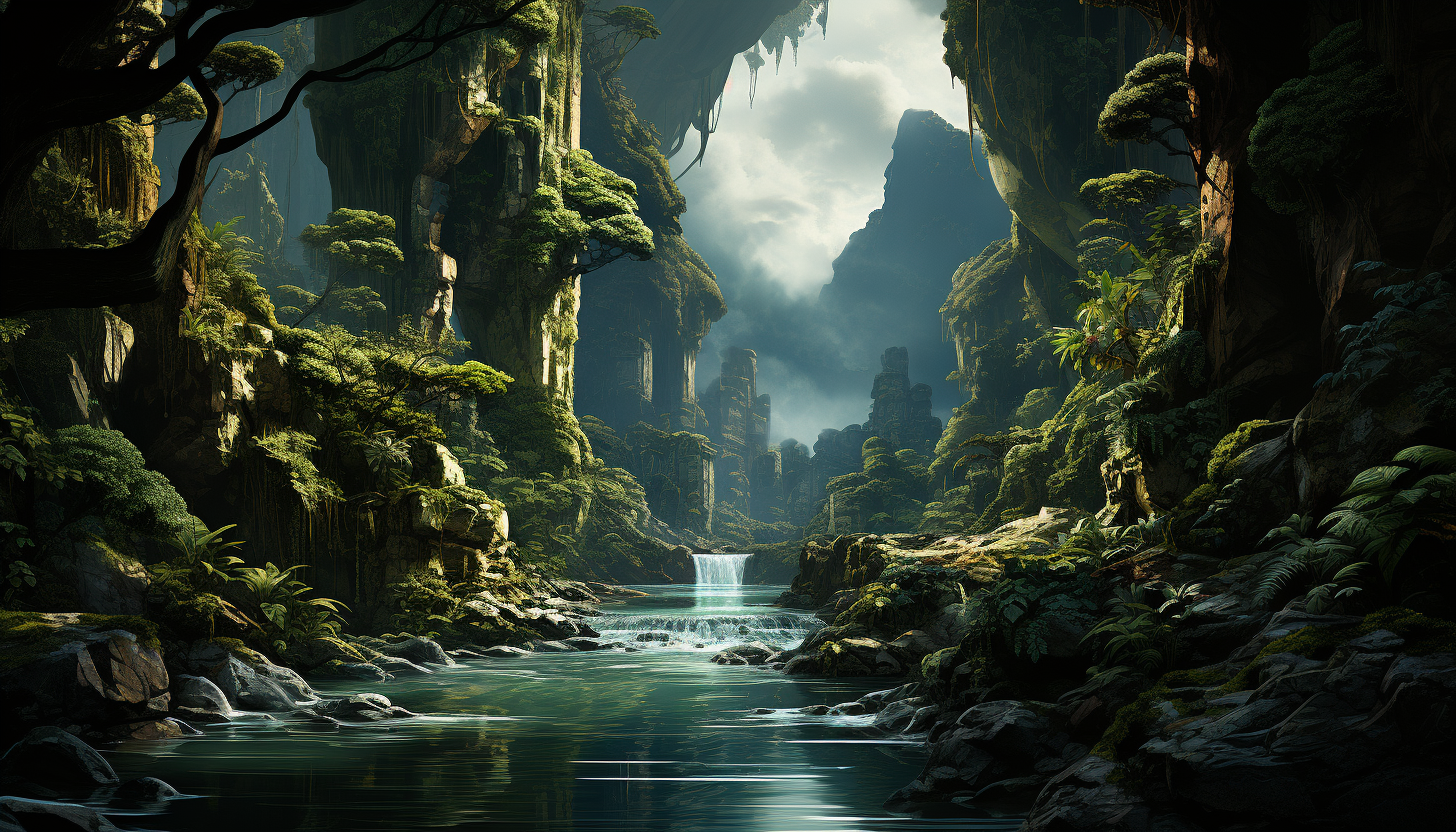 Lush Amazon rainforest with a hidden waterfall, exotic birds, dense green foliage, and a jaguar lurking in the shadows.