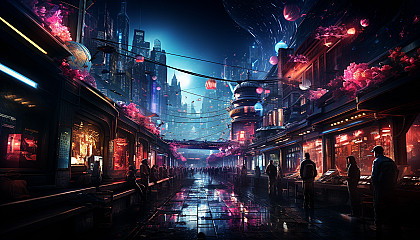 Cyberpunk Tokyo street at night, with neon signs, crowded sidewalks, high-tech gadgets, and holographic displays.