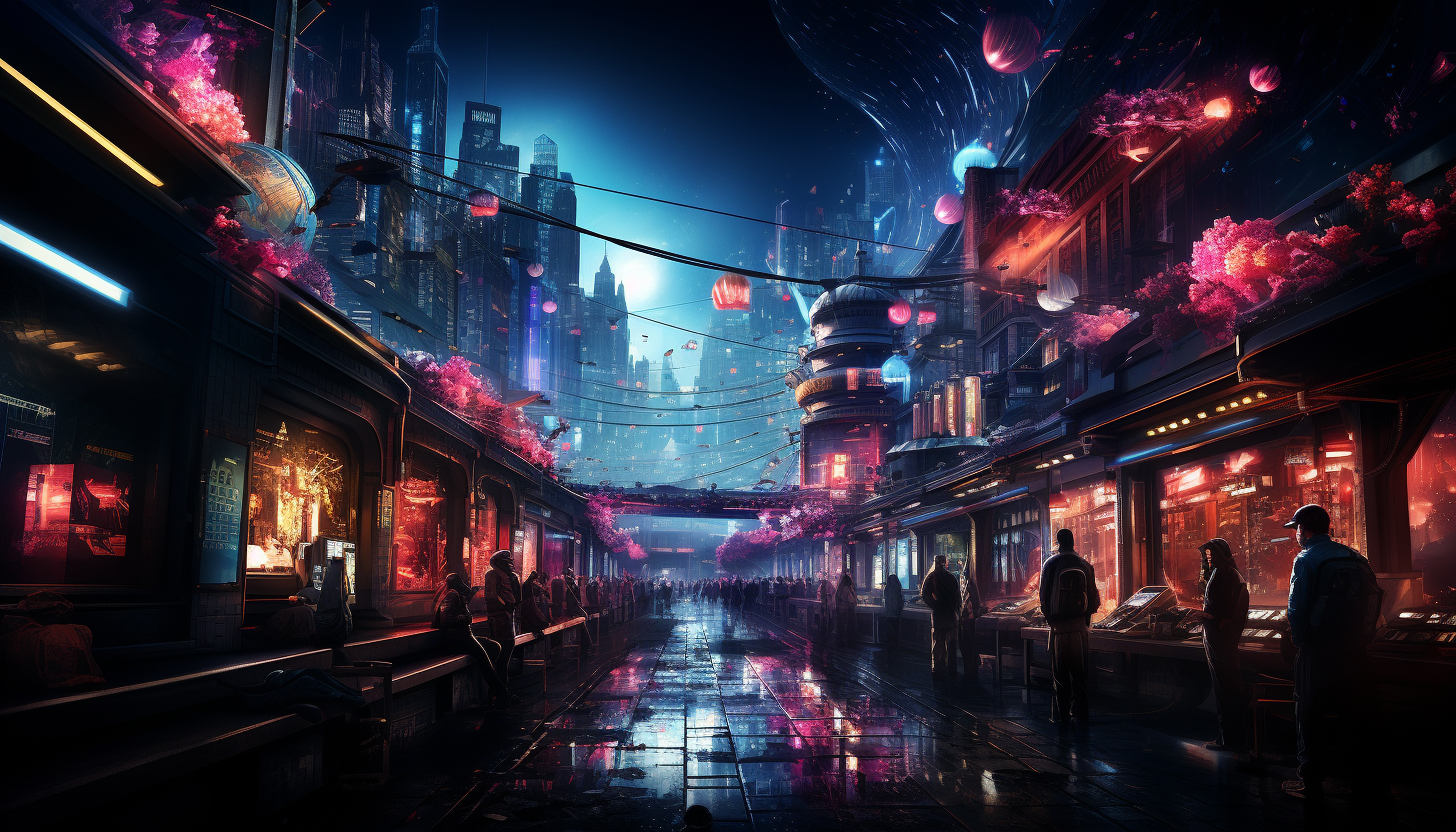 Cyberpunk Tokyo street at night, with neon signs, crowded sidewalks, high-tech gadgets, and holographic displays.