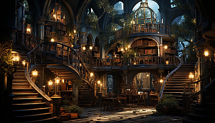 Ancient library with towering bookshelves, hidden alcoves, and a grand spiral staircase, lit by candlelight and filled with ancient tomes.