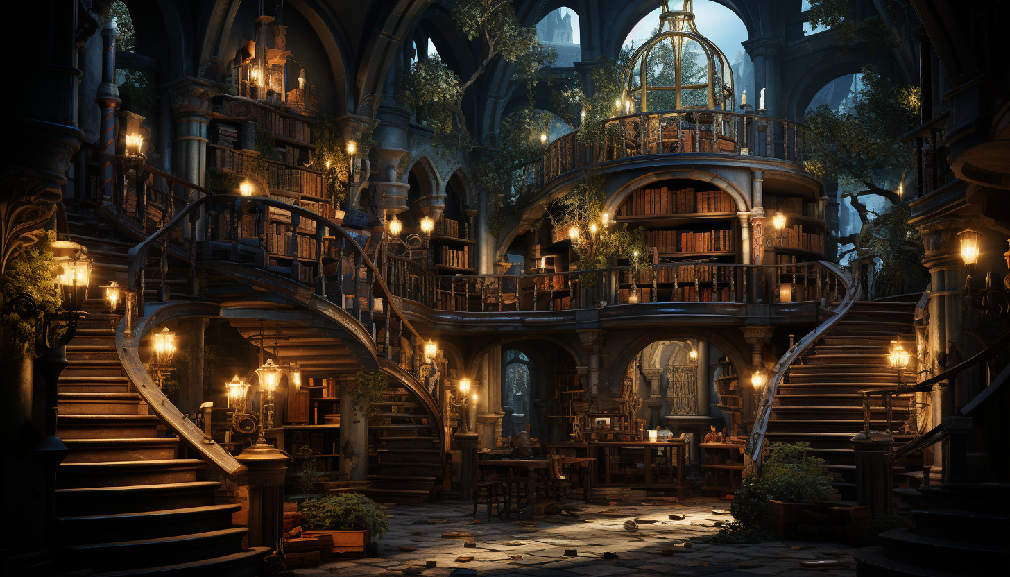 Ancient library with towering bookshelves, hidden alcoves, and a grand spiral staircase, lit by candlelight and filled with ancient tomes.