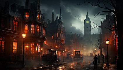 Victorian London street on a foggy night, with gas lamps, horse-drawn carriages, top-hatted pedestrians, and the silhouette of Big Ben.