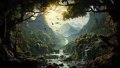 Lush rainforest canopy viewed from above, with a hidden waterfall, exotic birds in flight, and rays of sunlight piercing through.