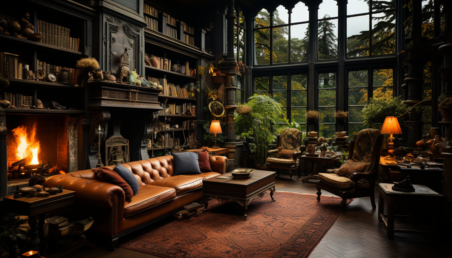 Old library with towering bookshelves, a grand fireplace, antique furniture, and a large window with a view of a moonlit garden.