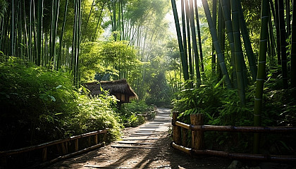 Sun-dappled paths through a thick bamboo forest.