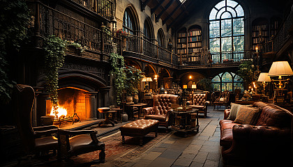 Grand library in a medieval castle, towering bookshelves, ancient tomes, stained glass windows, and a large fireplace with a crackling fire.