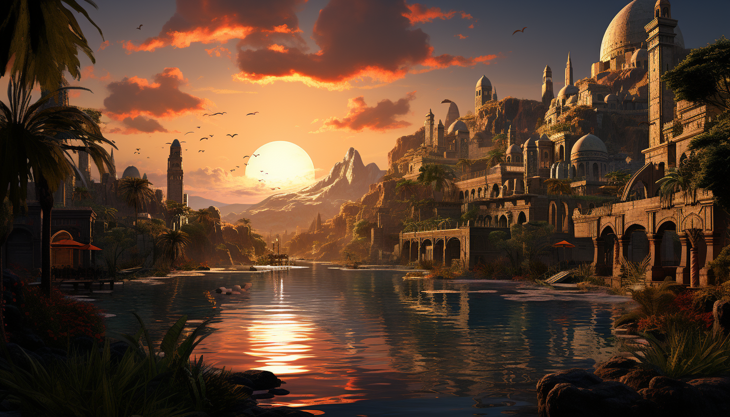 Desert oasis at sunset, with towering palm trees, a tranquil pond, camels resting, and ancient ruins in the background.
