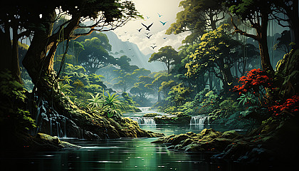 Lush rainforest canopy viewed from above, with a river winding through, exotic birds in flight, and a hidden waterfall.