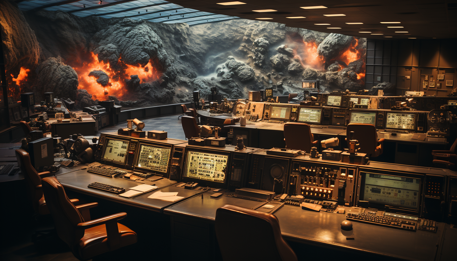 Apollo-era NASA mission control room, with vintage computers, large control panels, engineers at work, and a giant screen showing the moon.