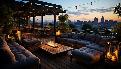 Rooftop garden in a modern city, with a variety of plants, comfortable seating, string lights, and a panoramic view of the skyline at dusk.