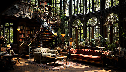 Grand library with towering bookshelves, spiral staircases, antique globes, and sunlight filtering through stained glass windows.