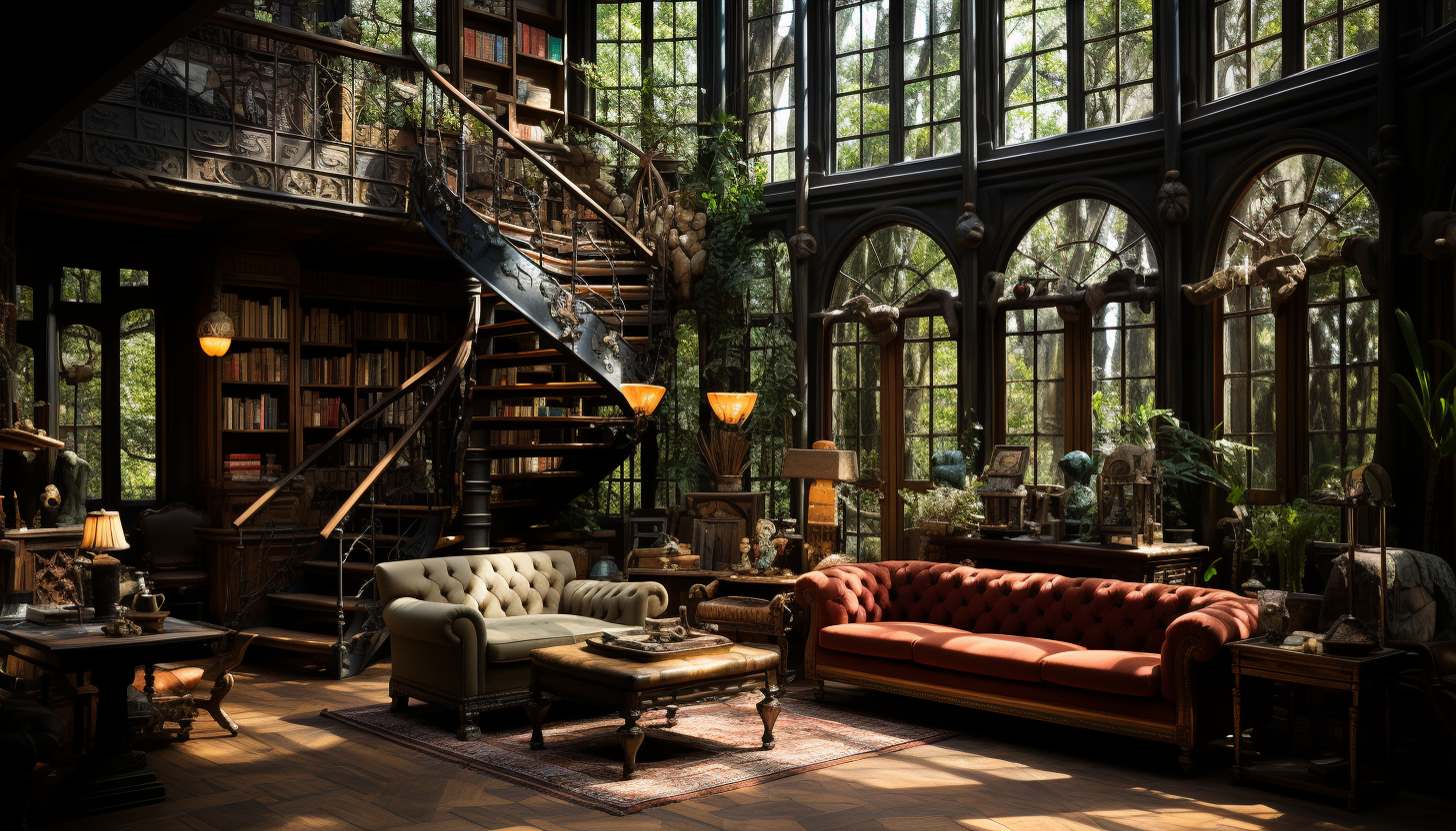 Grand library with towering bookshelves, spiral staircases, antique globes, and sunlight filtering through stained glass windows.