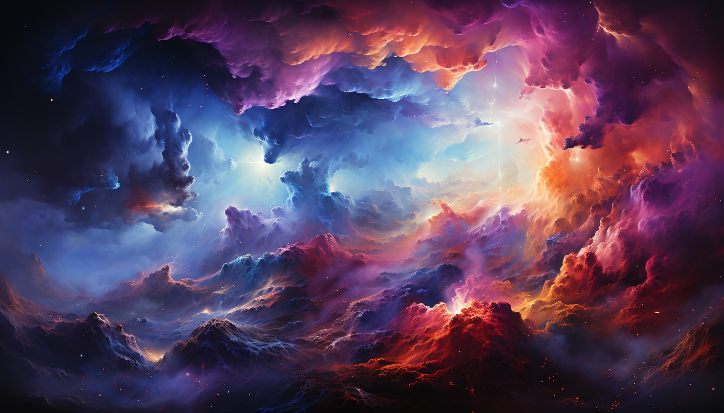 A vibrant, surrealistic space nebula with swirling hues of purple, blue, and pink.