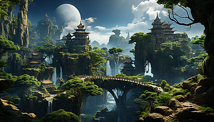 Mystical floating islands in the sky, connected by rope bridges, with waterfalls cascading into the clouds and a diverse ecosystem of flora and fauna.