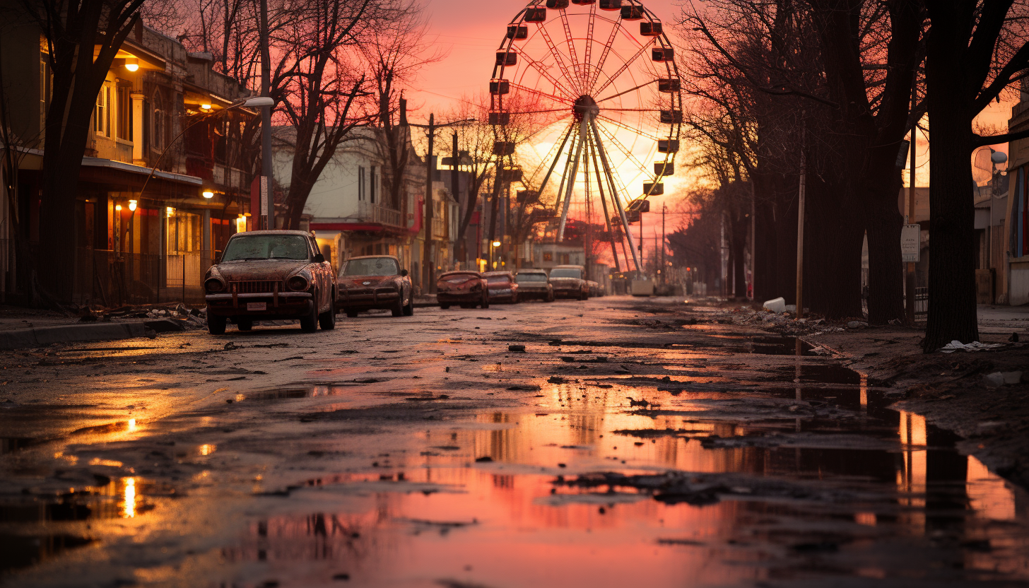 Abandoned amusement park at sunset, with rusty roller coasters, overgrown paths, and a hauntingly beautiful Ferris wheel against a dusky sky.