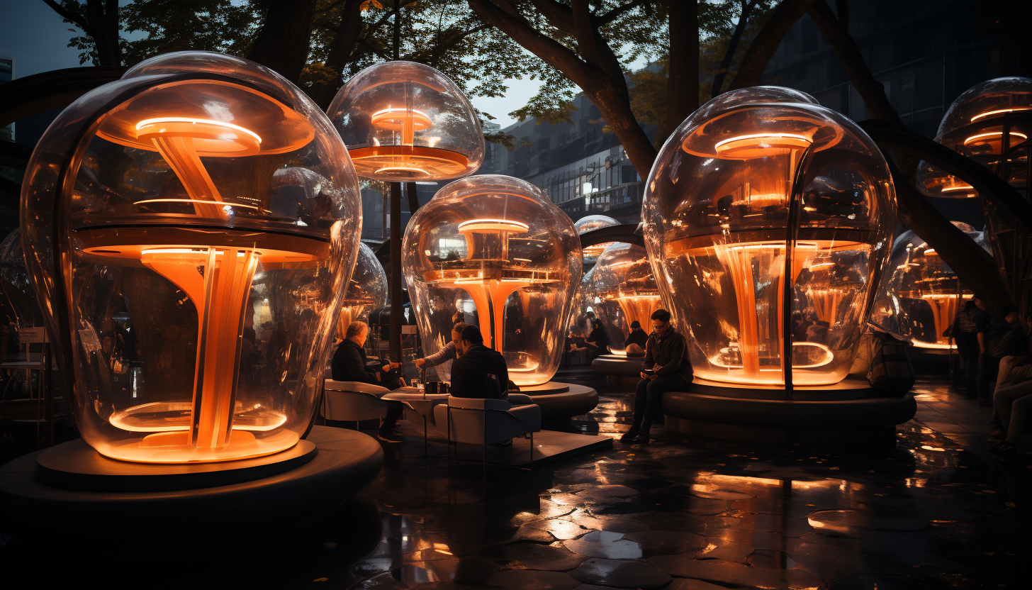 Futuristic urban park, with interactive light installations, modern sculptures, hovering drones, and people relaxing on innovative furniture.