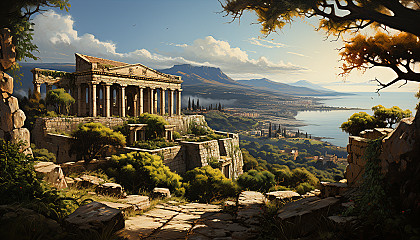 Ancient Greek temple ruins at sunrise, overgrown with vines, overlooking the sea, with olive trees and distant hills.