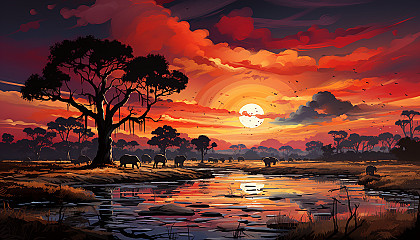 Sunset over an African savanna, with silhouettes of elephants and acacia trees, a vibrant sky, and distant mountains.