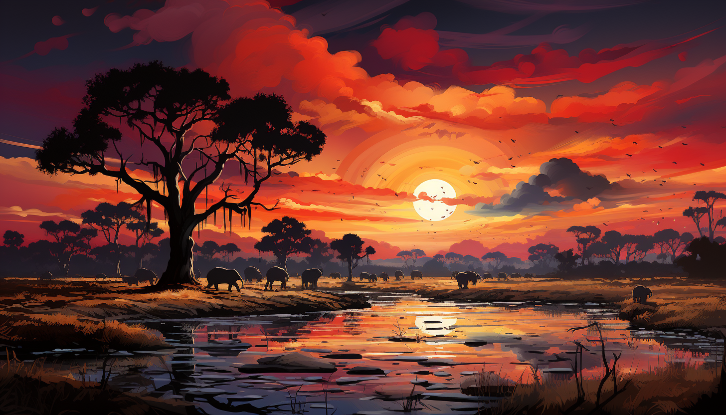 Sunset over an African savanna, with silhouettes of elephants and acacia trees, a vibrant sky, and distant mountains.