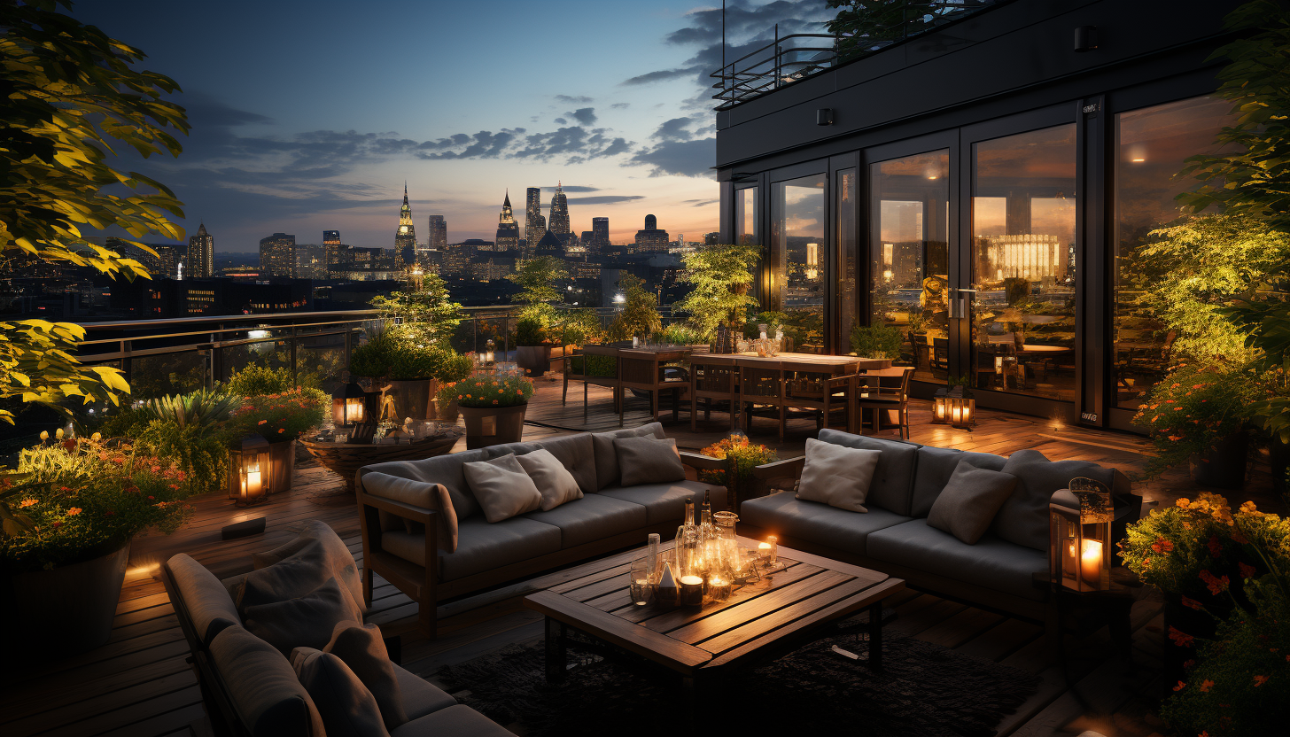 Rooftop garden in a modern city, with an array of green plants, comfortable seating, skyscrapers in the background, and twinkling city lights.