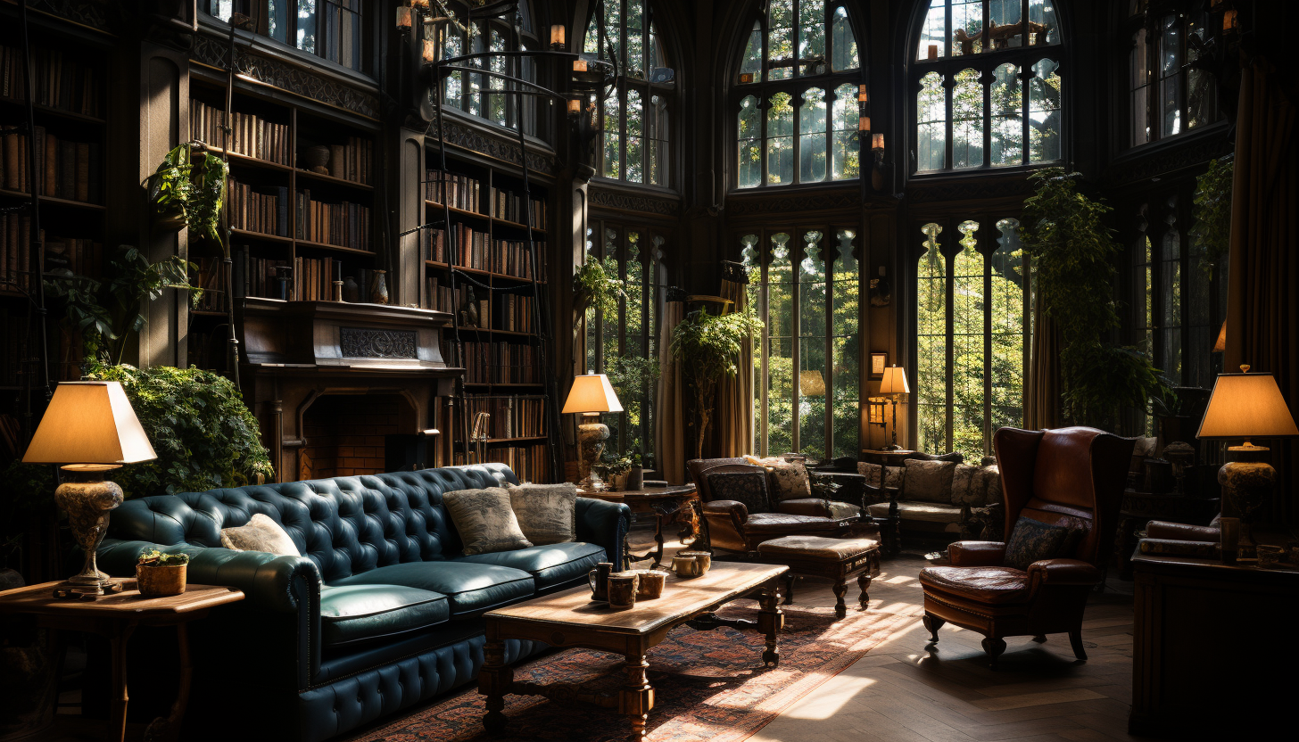 Old library with towering bookshelves, a grand fireplace, leather armchairs, and sunlight filtering through stained glass windows.