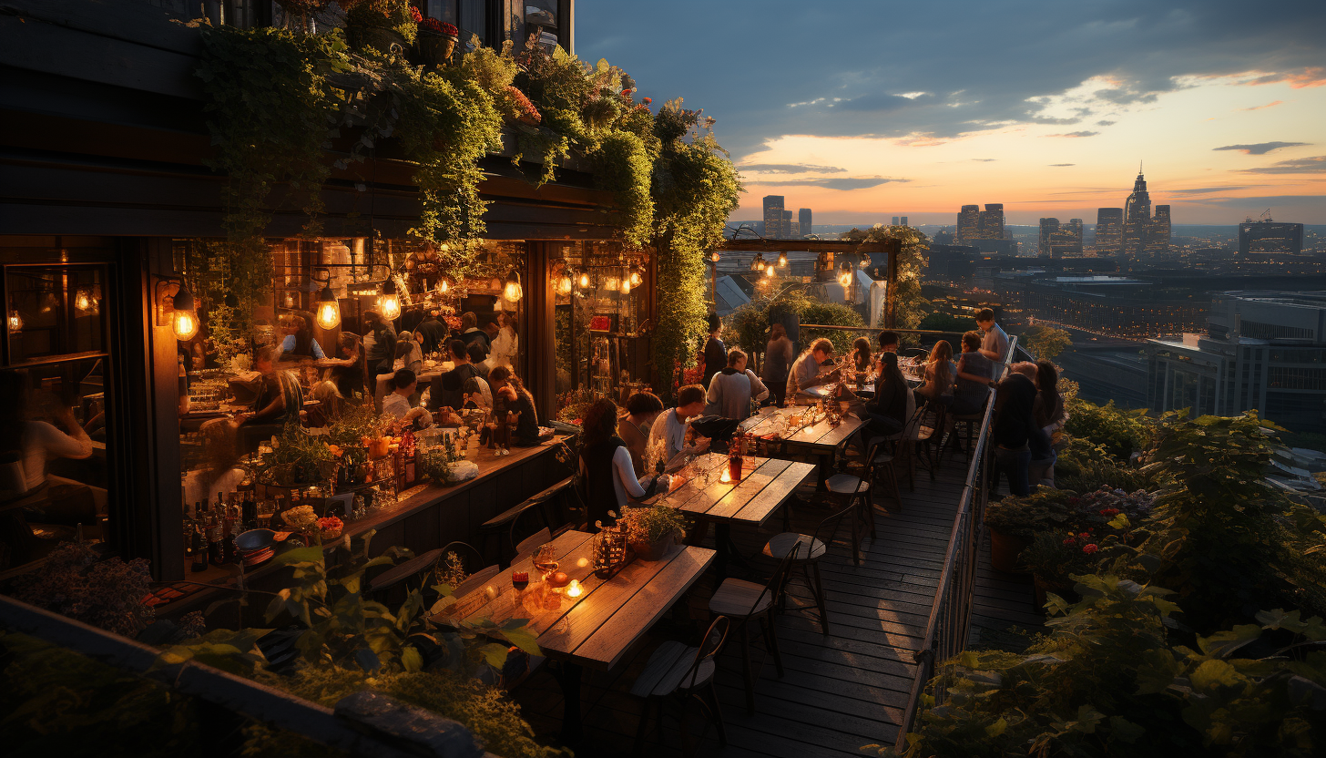 Bustling urban rooftop garden at dusk, with string lights, a variety of plants, city skyline view, and people enjoying a meal.