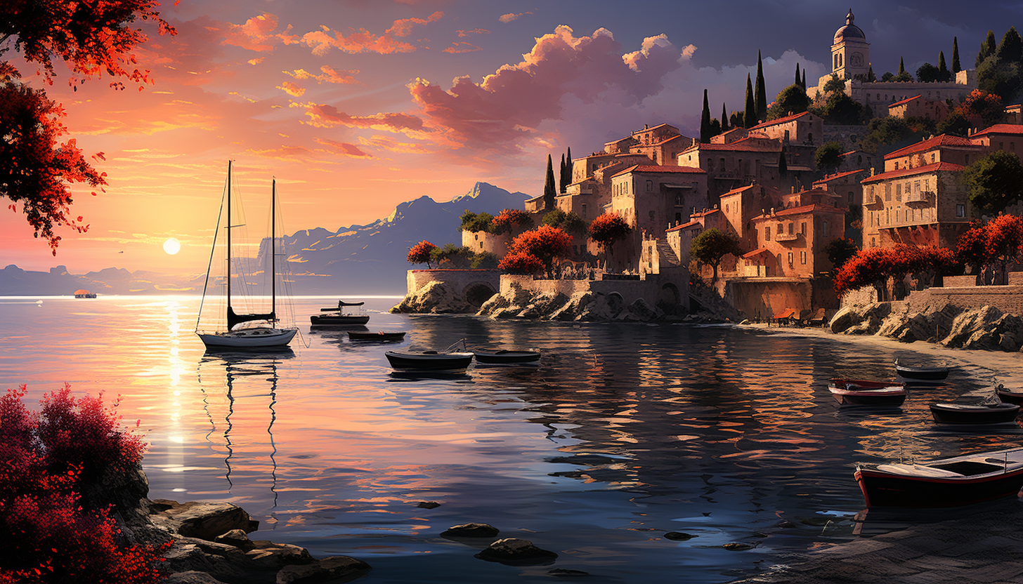 Mediterranean coastal village at sunset, white-washed buildings, terracotta roofs, sailboats in the harbor, and flowering vines.