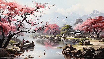Traditional tea garden in spring, with blooming cherry blossoms, stone pathways, a tranquil pond, and tea ceremony in progress.