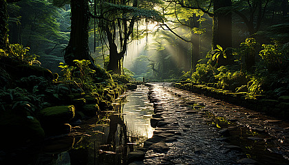 Tranquil bamboo forest in the morning mist, with rays of sunlight filtering through, and a peaceful path winding through.