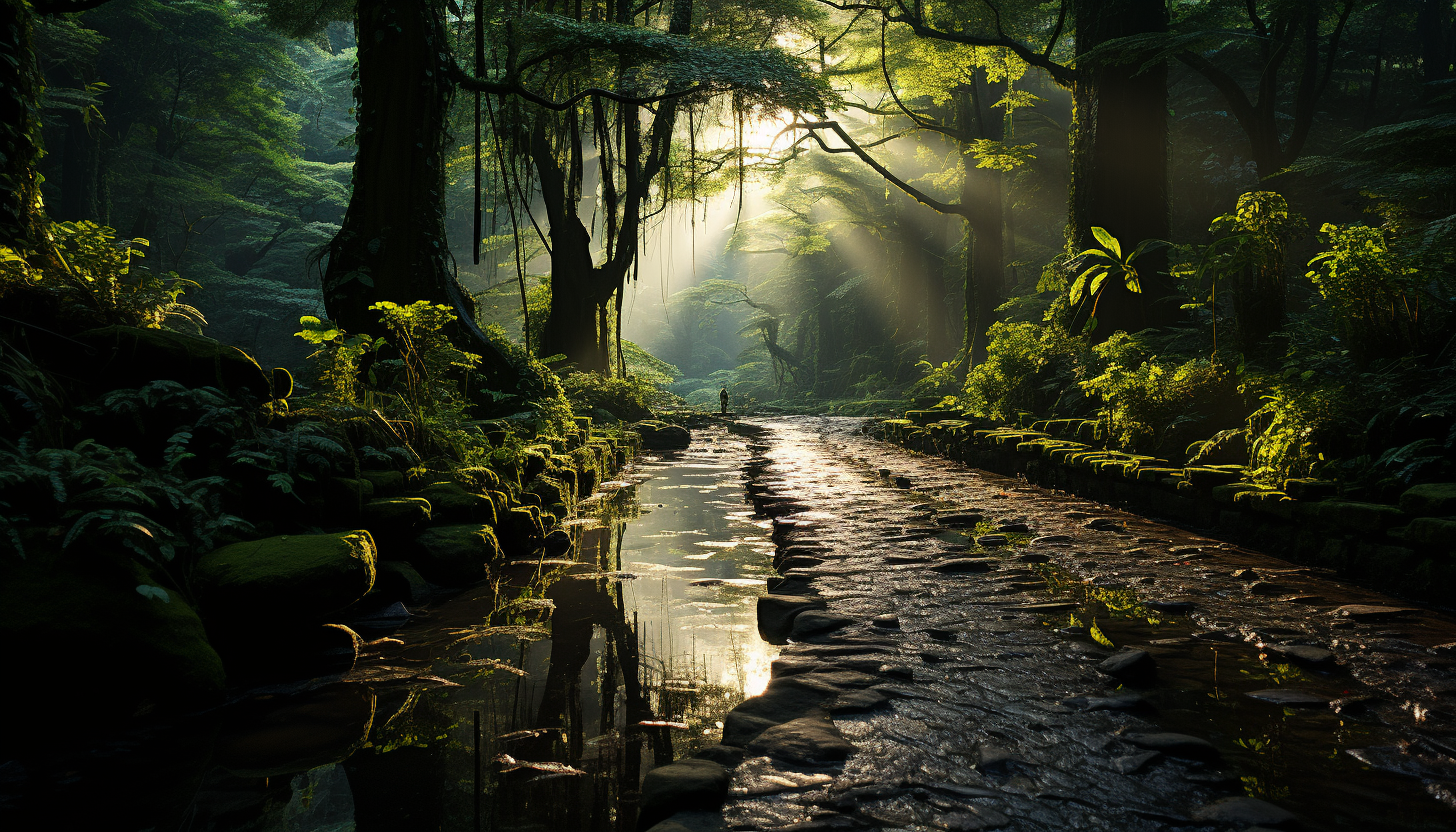 Tranquil bamboo forest in the morning mist, with rays of sunlight filtering through, and a peaceful path winding through.