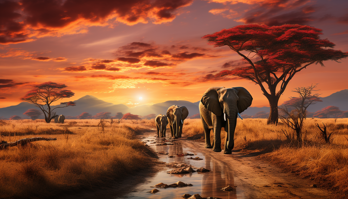 Sunset over an African savannah, with silhouettes of elephants and acacia trees against a fiery sky, and a distant mountain range.