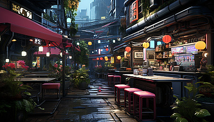 Cyberpunk alley in Tokyo, with holographic signs, bustling noodle shops, high-tech gadgets, and a mix of traditional and futuristic architecture.