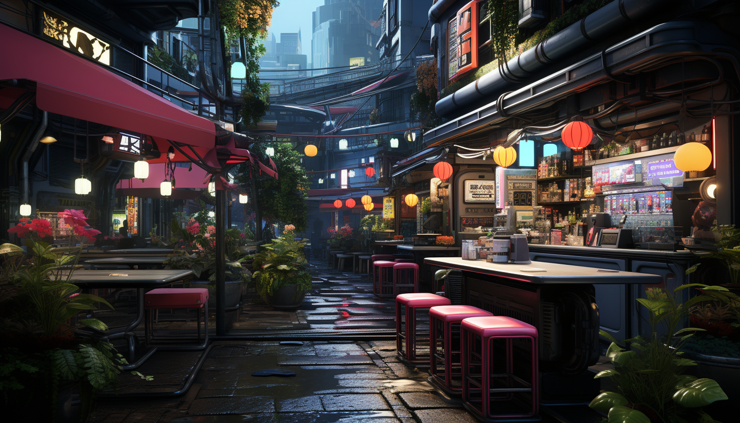 Cyberpunk alley in Tokyo, with holographic signs, bustling noodle shops, high-tech gadgets, and a mix of traditional and futuristic architecture.