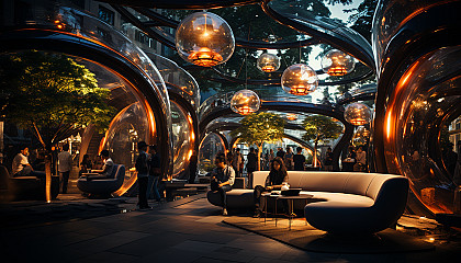 Futuristic urban park, with interactive light installations, modern sculptures, hovering drones, and people relaxing on innovative furniture.