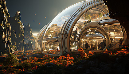 Futuristic greenhouse on Mars, with advanced agriculture technology, a variety of alien plants, and astronauts tending to the crops.